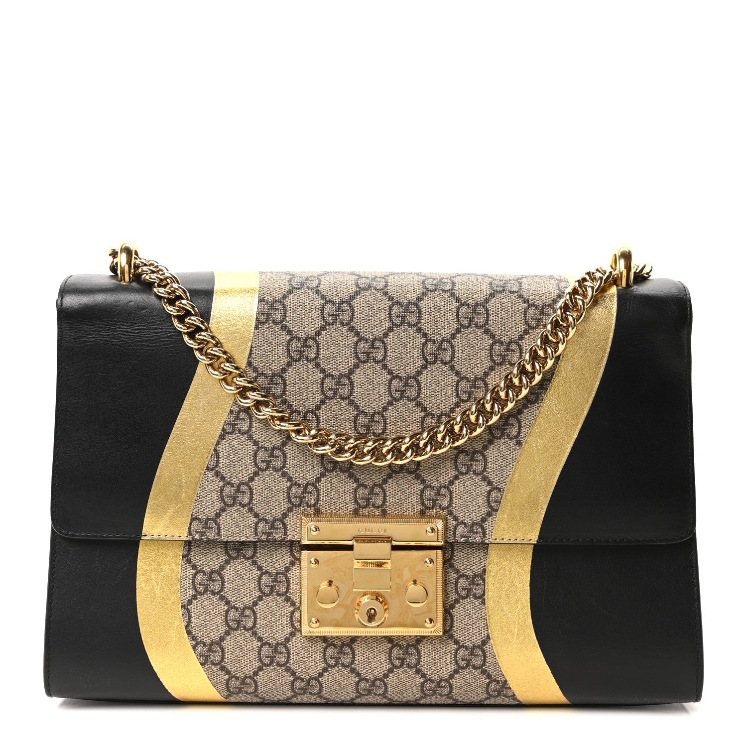 Gucci Calfskin GG Supreme Monogram Medium Padlock Shoulder Bag Black Gold 1 of 10