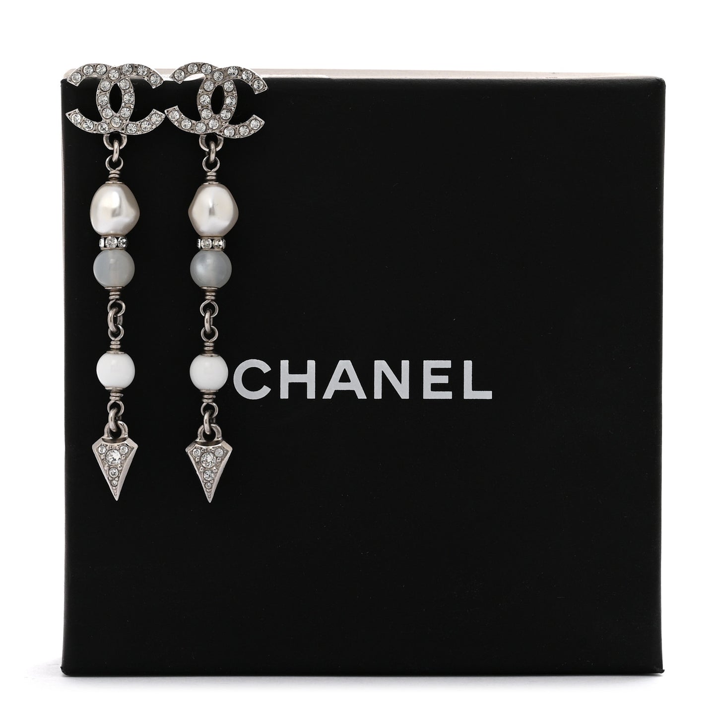 Crystal Pearl Bead CC Drop Earrings Silver White