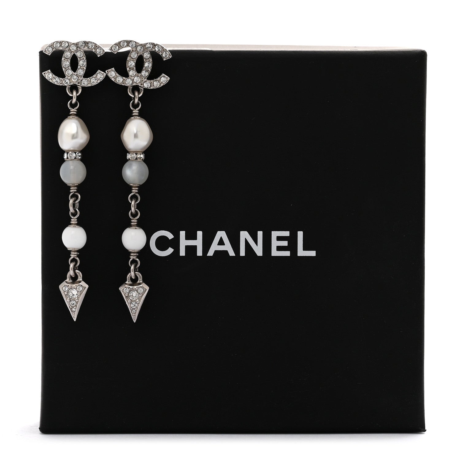Chanel Crystal Pearl Bead CC Drop Earrings Silver White 5 of 5