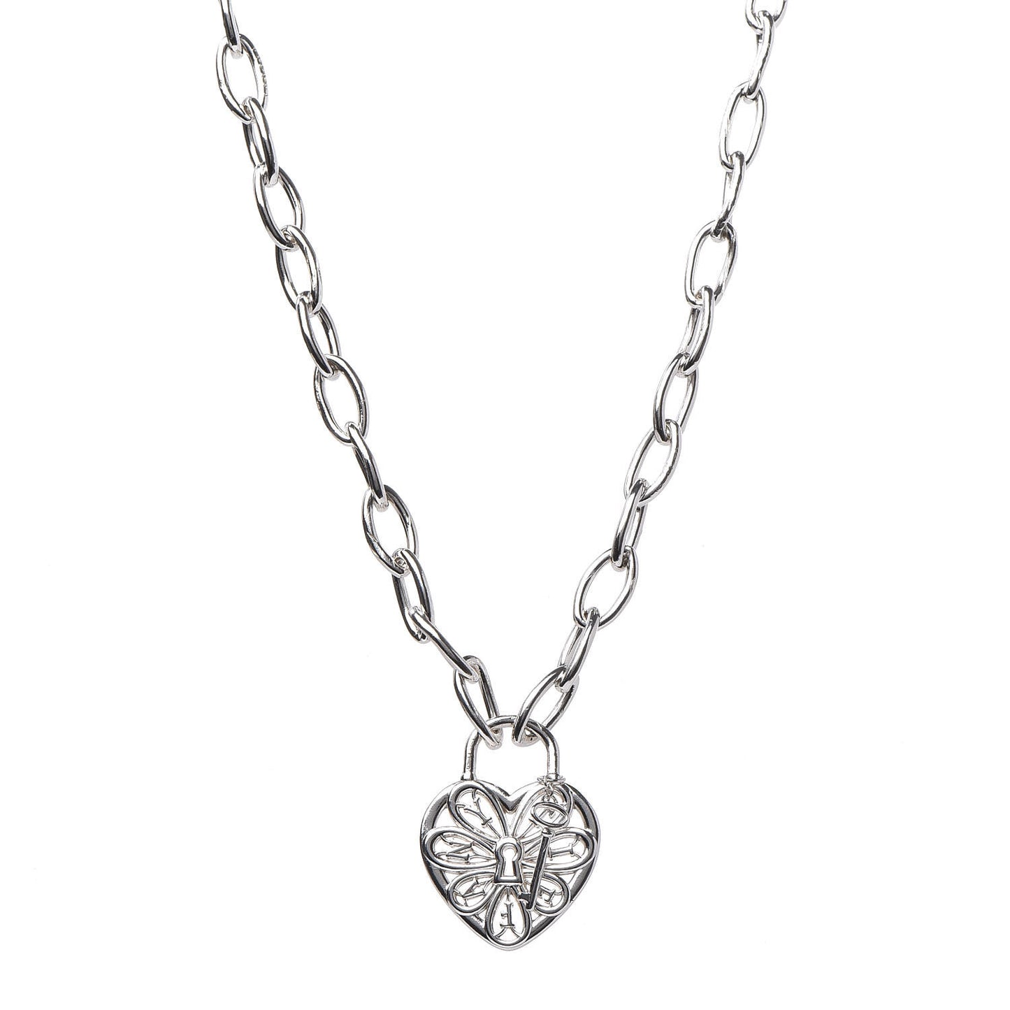 Sterling Silver Filigree Heart Key Pendant Link Necklace