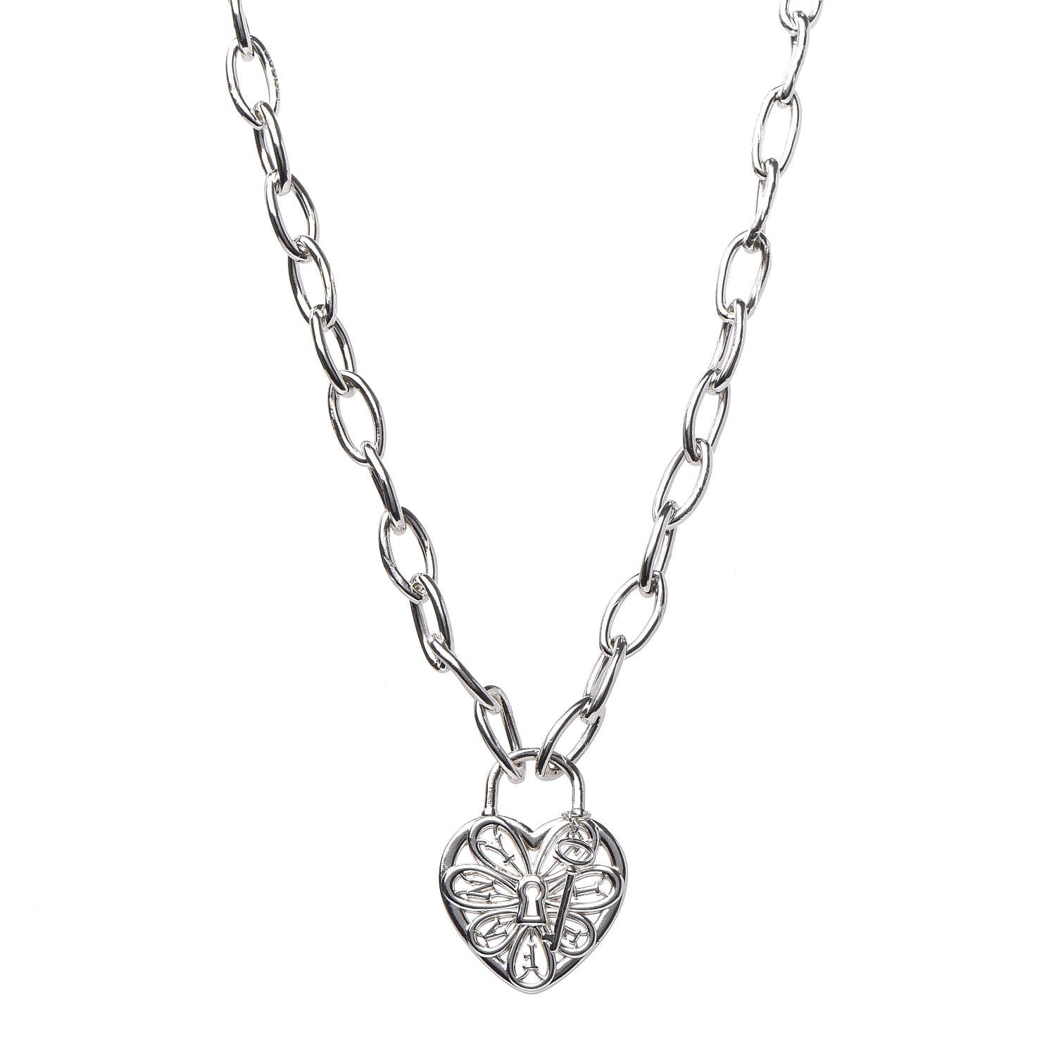 Tiffany Sterling Silver Filigree Heart Key Pendant Link Necklace 1 of 6
