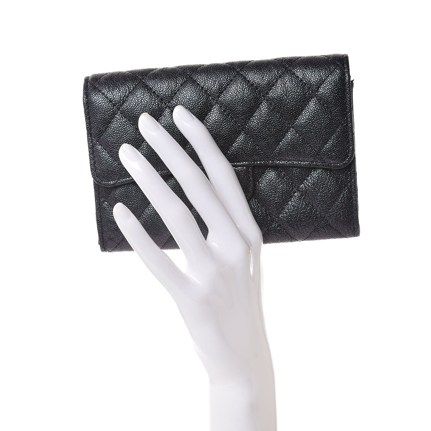 Iridescent Caviar Quilted Medium Flap Wallet Black