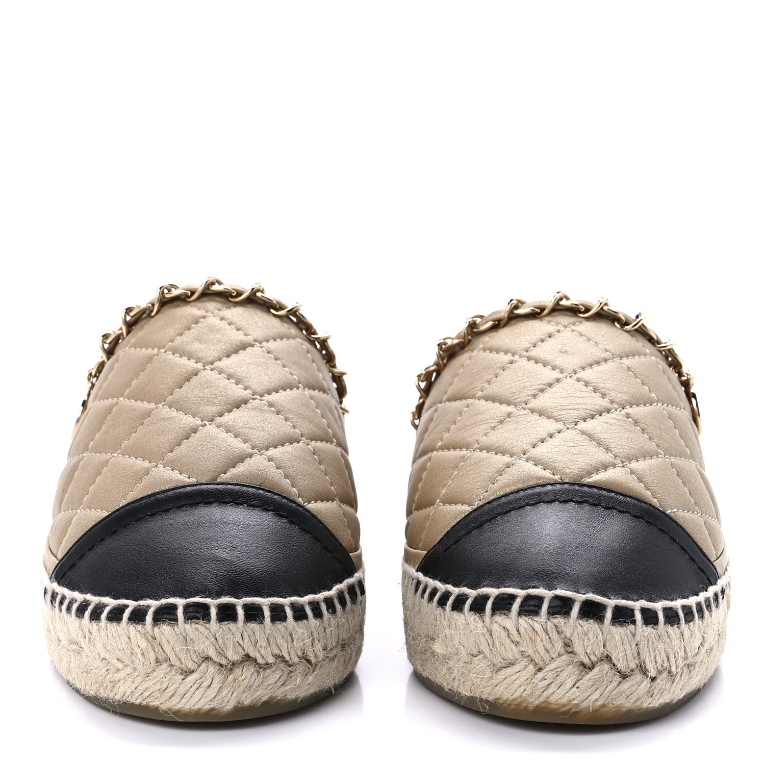 Chanel Metallic Calfskin Lambskin Grosgrain Quilted CC Chain Espadrille Mules 37 Gold Black 2 of 13