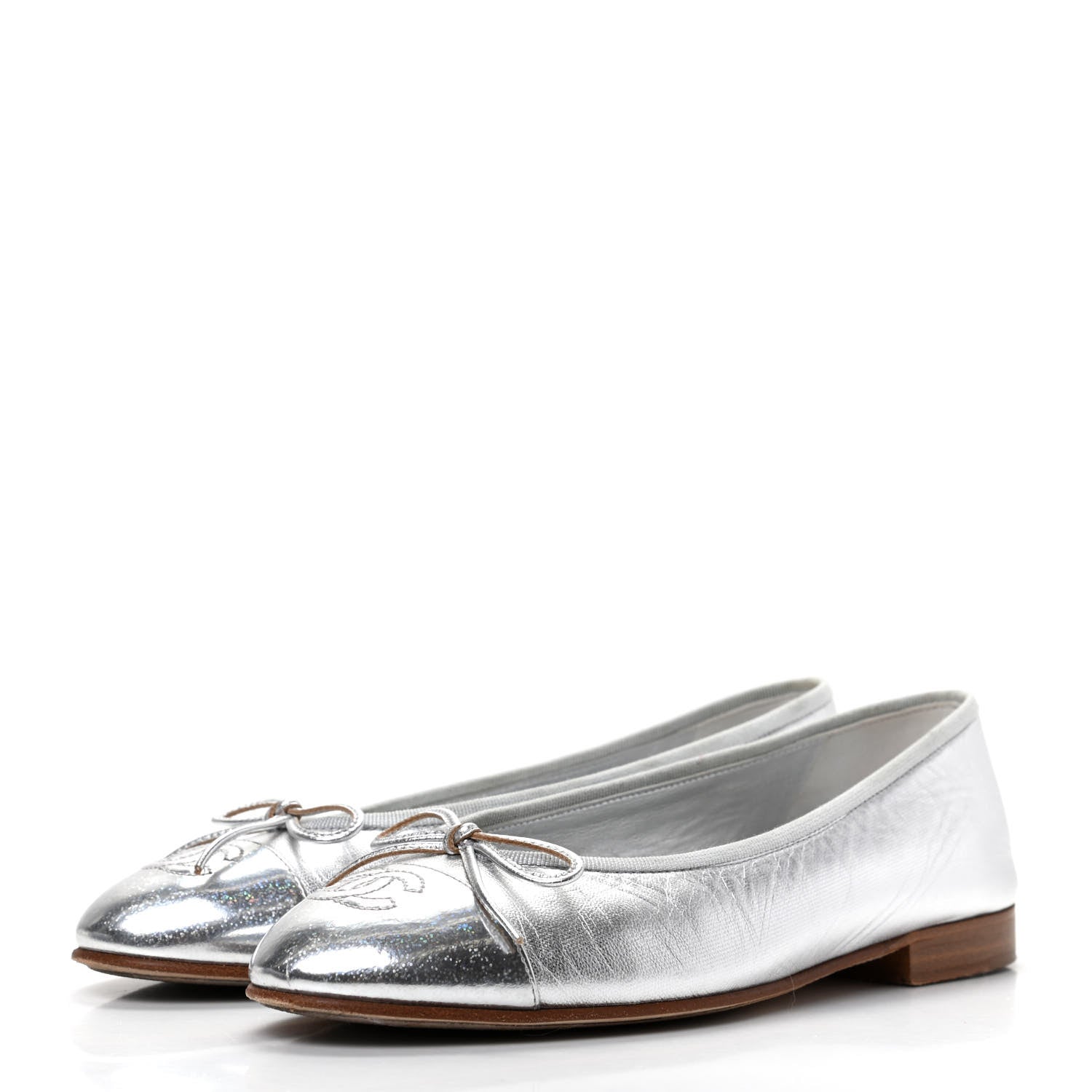 Chanel Metallic Lambskin Cap Toe CC Ballerina Flats 36.5 Silver 3 of 9