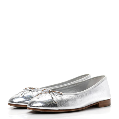 Chanel Metallic Lambskin Cap Toe CC Ballerina Flats 36.5 Silver 3 of 9