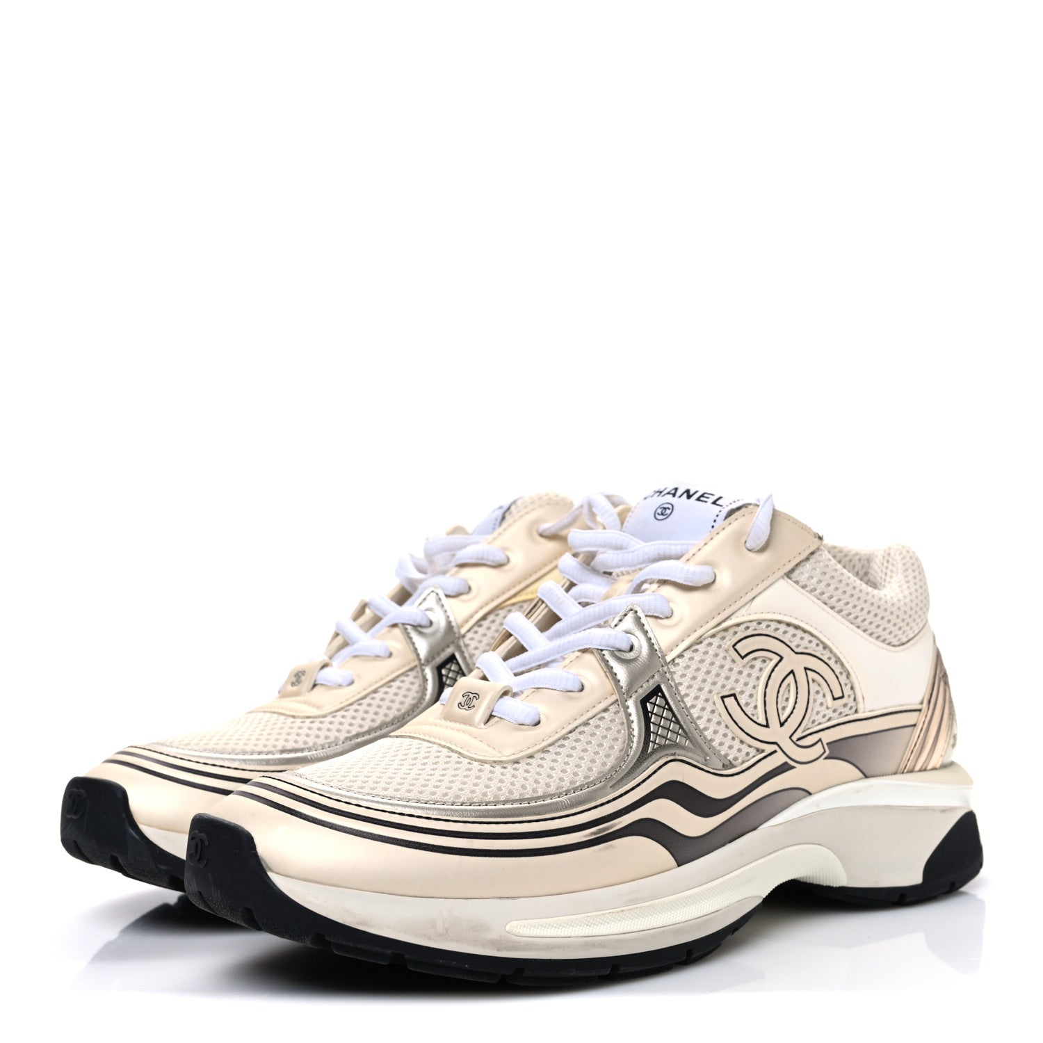 Chanel Fabric Laminated Calfskin Stretch CC Sneakers 41 Ivory White Silver 4 of 13