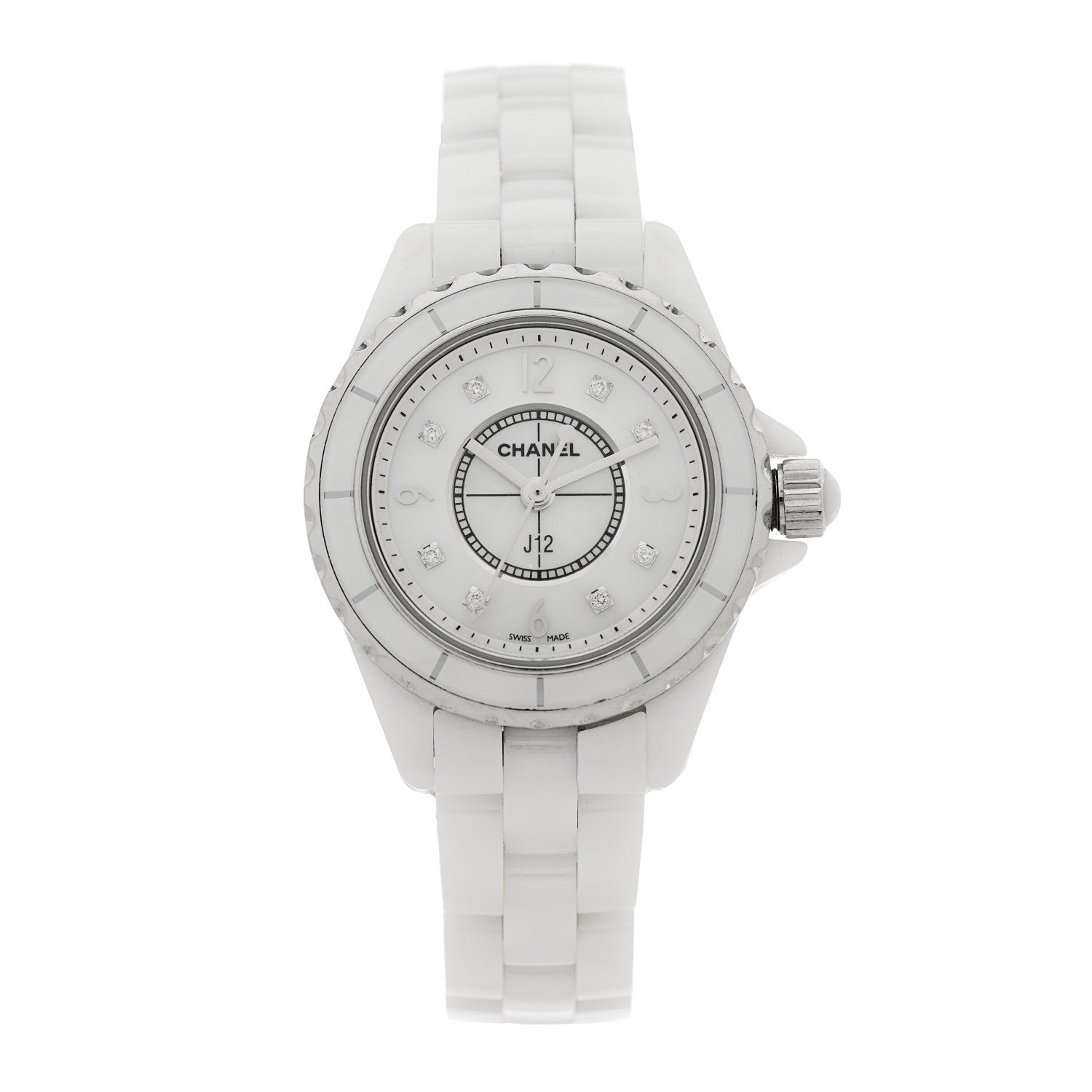 Chanel Stainless Steel Ceramic Diamond Mother of Pearl 33mm J12 Quartz Watch White 1 of 4