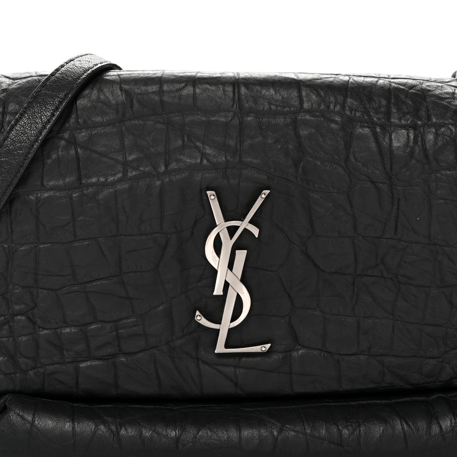 Saint Laurent Calfskin Crocodile Embossed Medium West Hollywood Monogram Fold-Over Black 8 of 13
