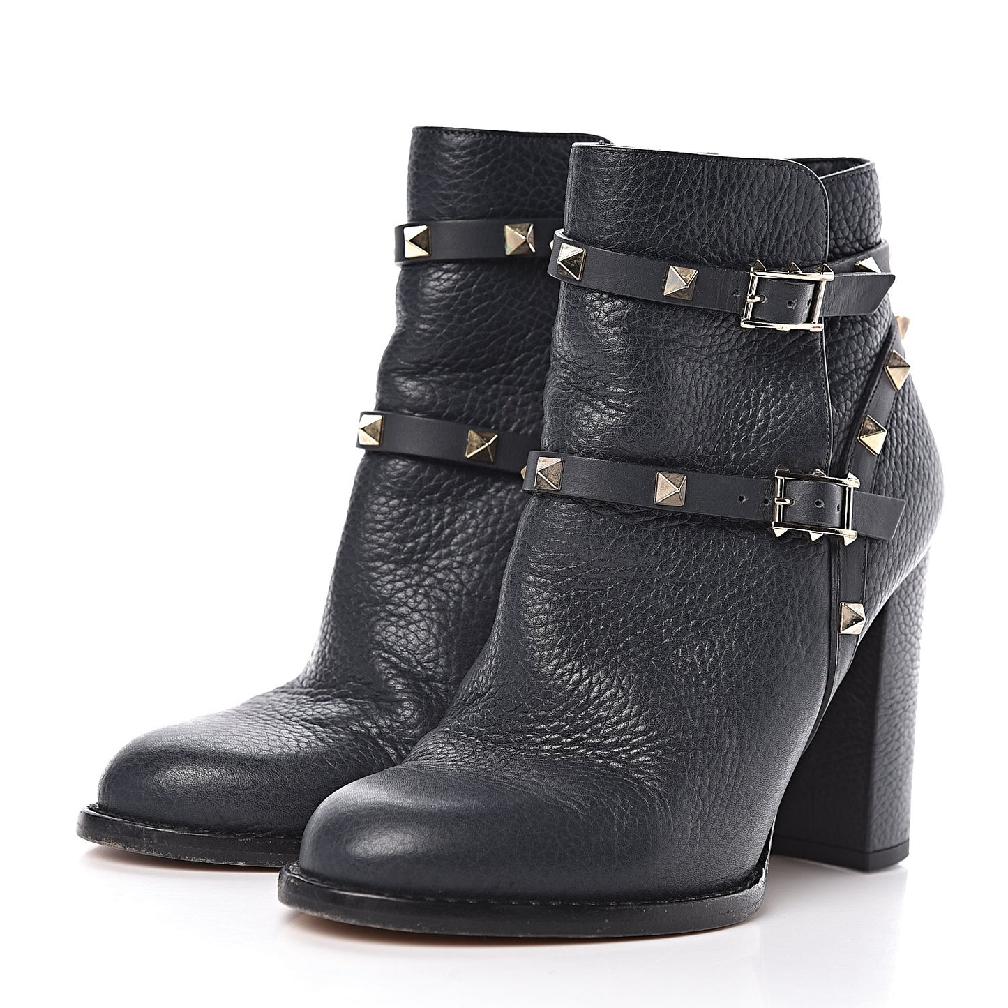 Pebbled Calfskin Rockstud Double Buckle 100mm Block Heel Ankle Boots 36.5 Grey