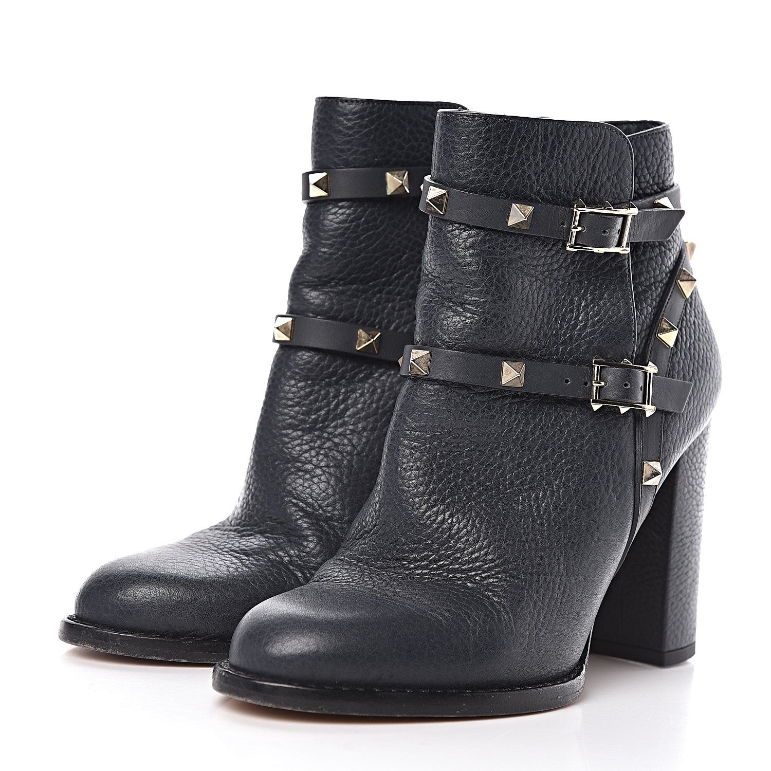 Valentino Garavani Pebbled Calfskin Rockstud Double Buckle 100mm Block Heel Ankle Boots 36.5 Grey 3 of 11