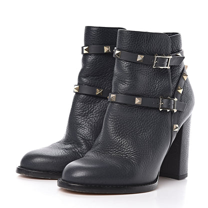 Valentino Garavani Pebbled Calfskin Rockstud Double Buckle 100mm Block Heel Ankle Boots 36.5 Grey 3 of 11