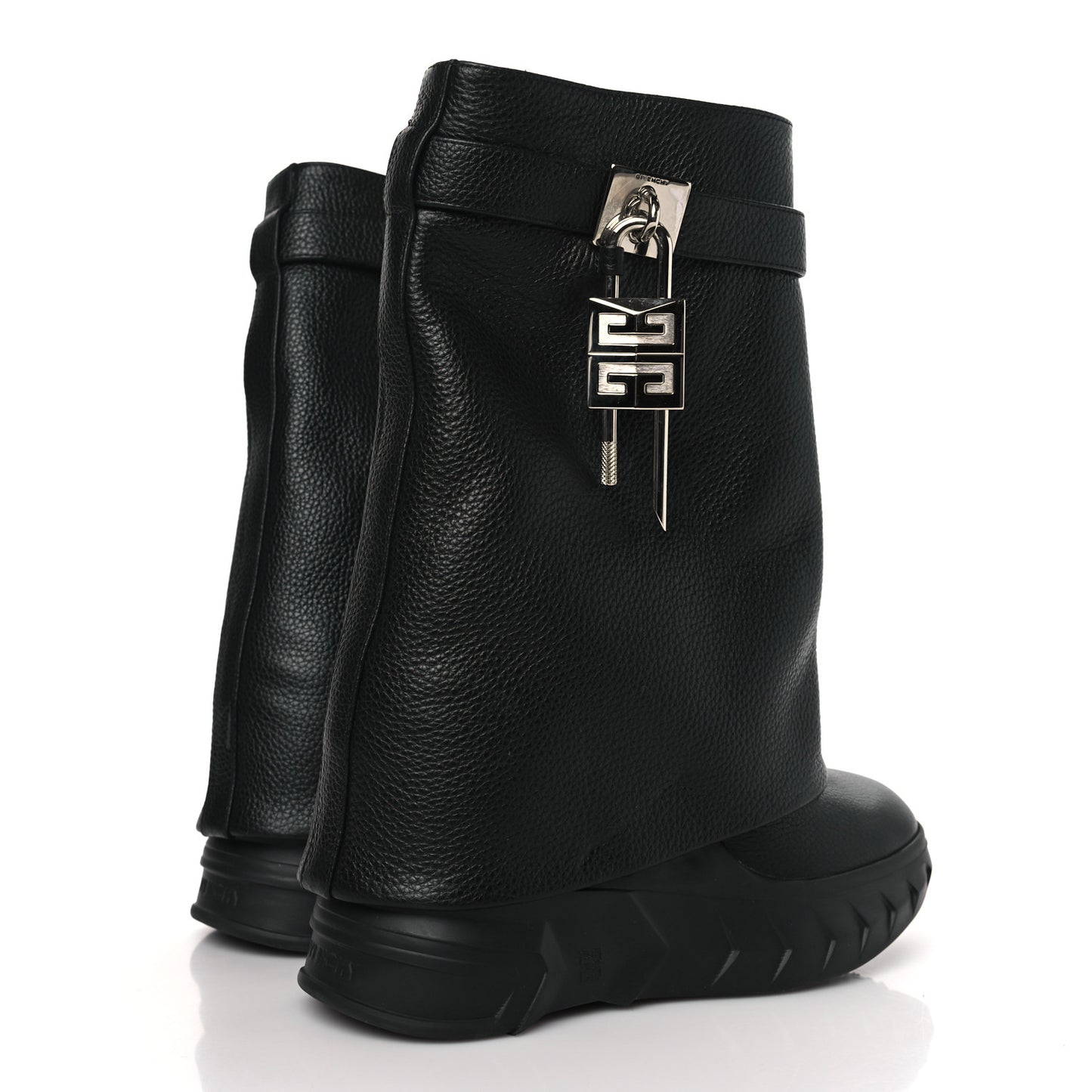 Grained Calfskin Shark Lock Biker Ankle Boots 36 Black