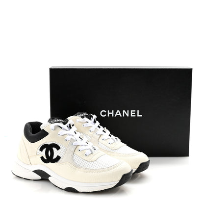 Chanel Mesh Suede Calfskin Grained Calfskin Womens CC Sneakers 37.5 White Black 10 of 10