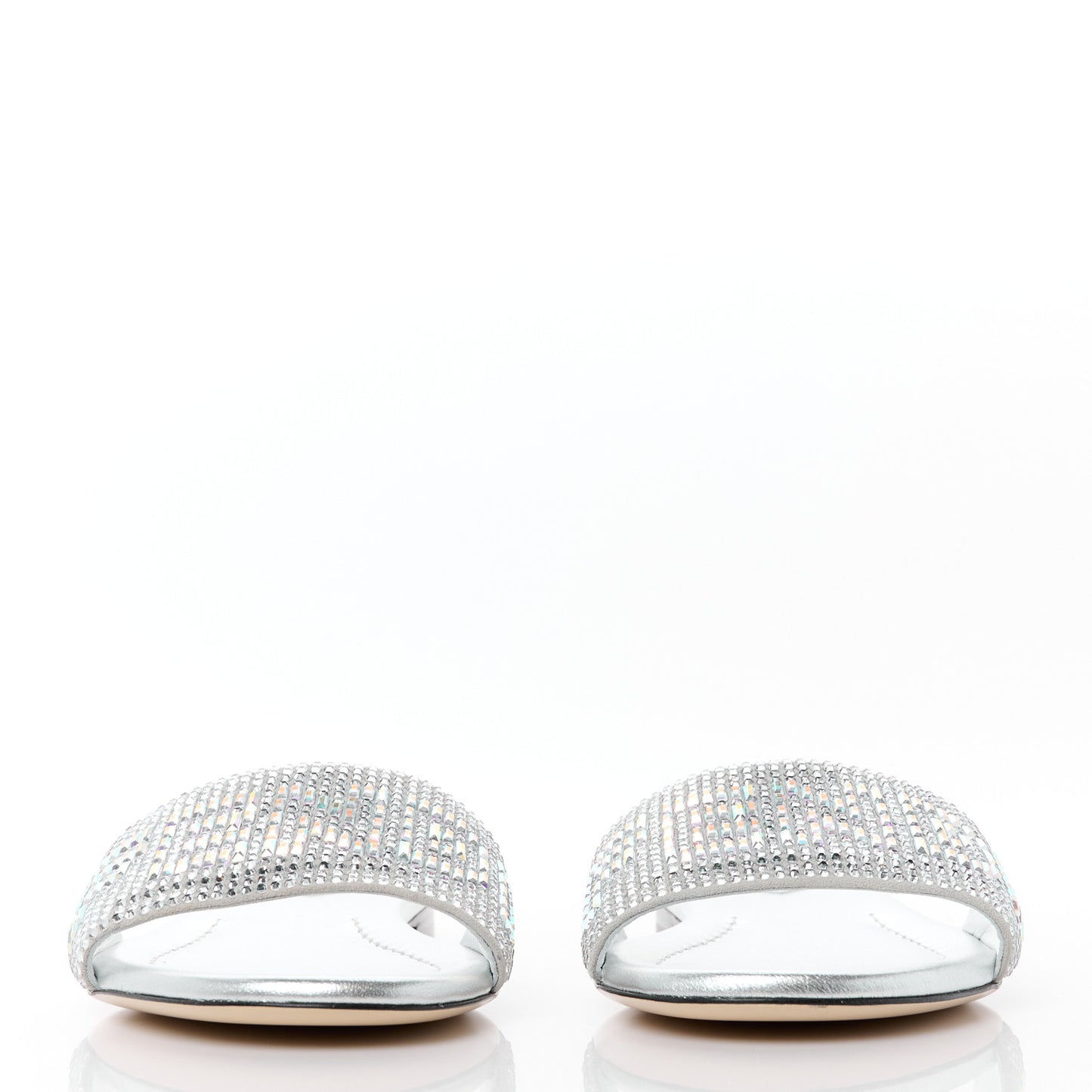 Laminated Goatskin Baguette Crystal Embroidered Signature Flat Slide Sandals 39 Silver