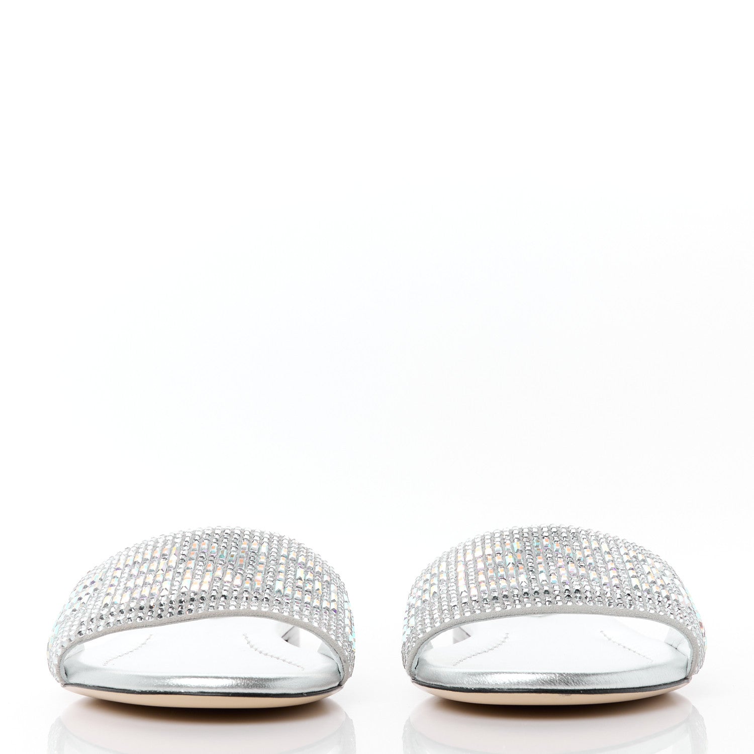 Fendi Laminated Goatskin Baguette Crystal Embroidered Signature Flat Slide Sandals 39 Silver 2 of 8