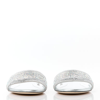 Fendi Laminated Goatskin Baguette Crystal Embroidered Signature Flat Slide Sandals 39 Silver 2 of 8