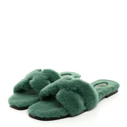 Hermes Woolskin Oran Sandals 41 Vert Anglais 3 of 8
