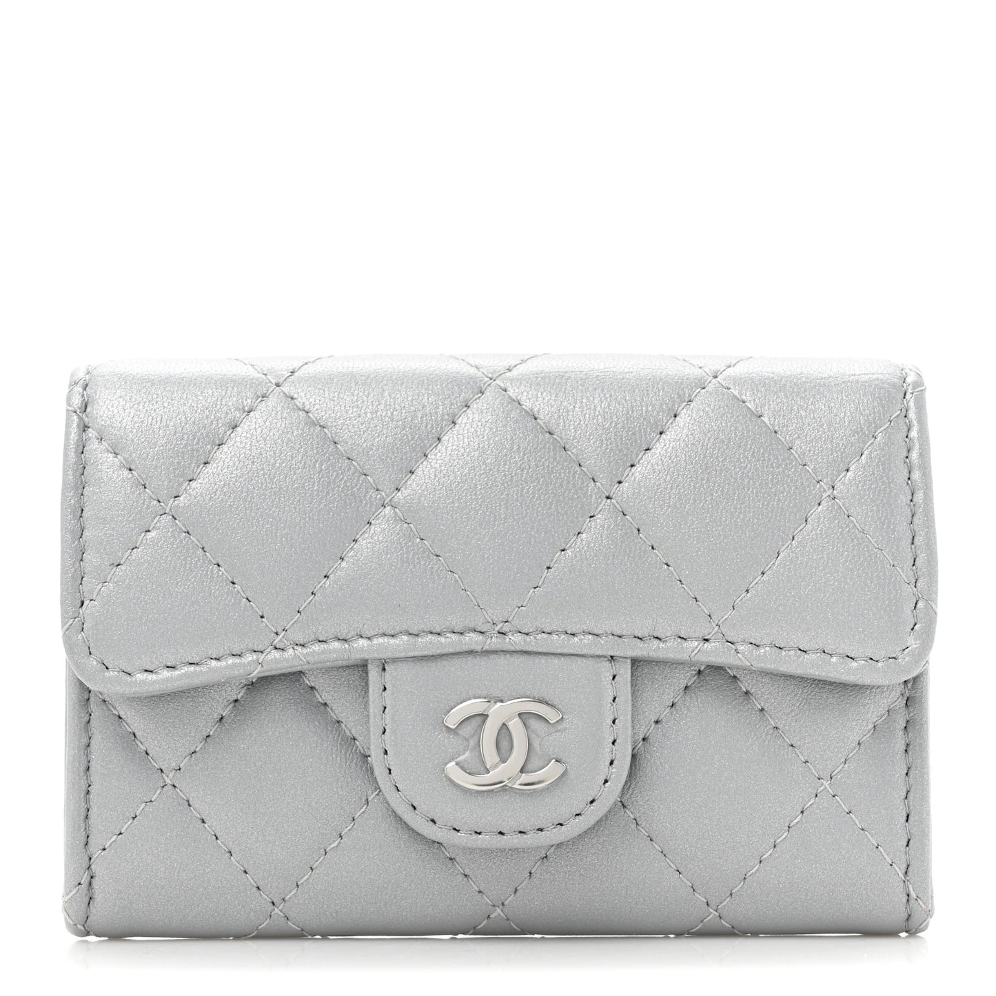 Metallic Lambskin Quilted Flap Card Holder Wallet Silver