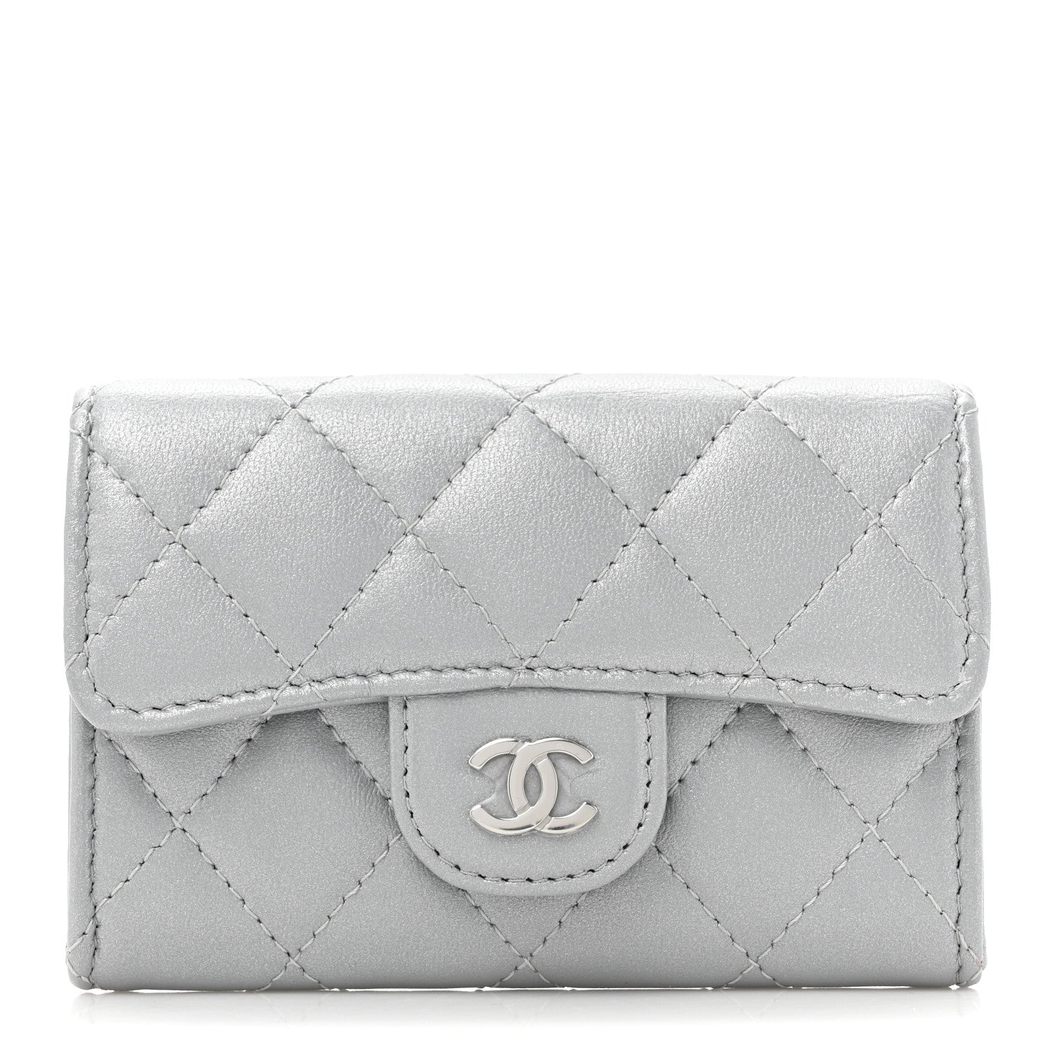 Chanel Metallic Lambskin Quilted Flap Card Holder Wallet Silver 1 of 11