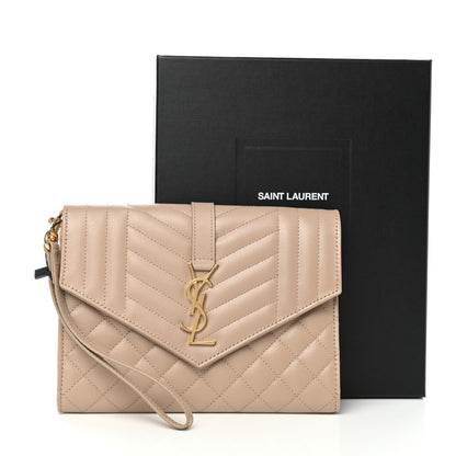 Saint Laurent Grain De Poudre Textured Mixed Matelasse Triquilt Monogram Clutch Dark Beige 8 of 8