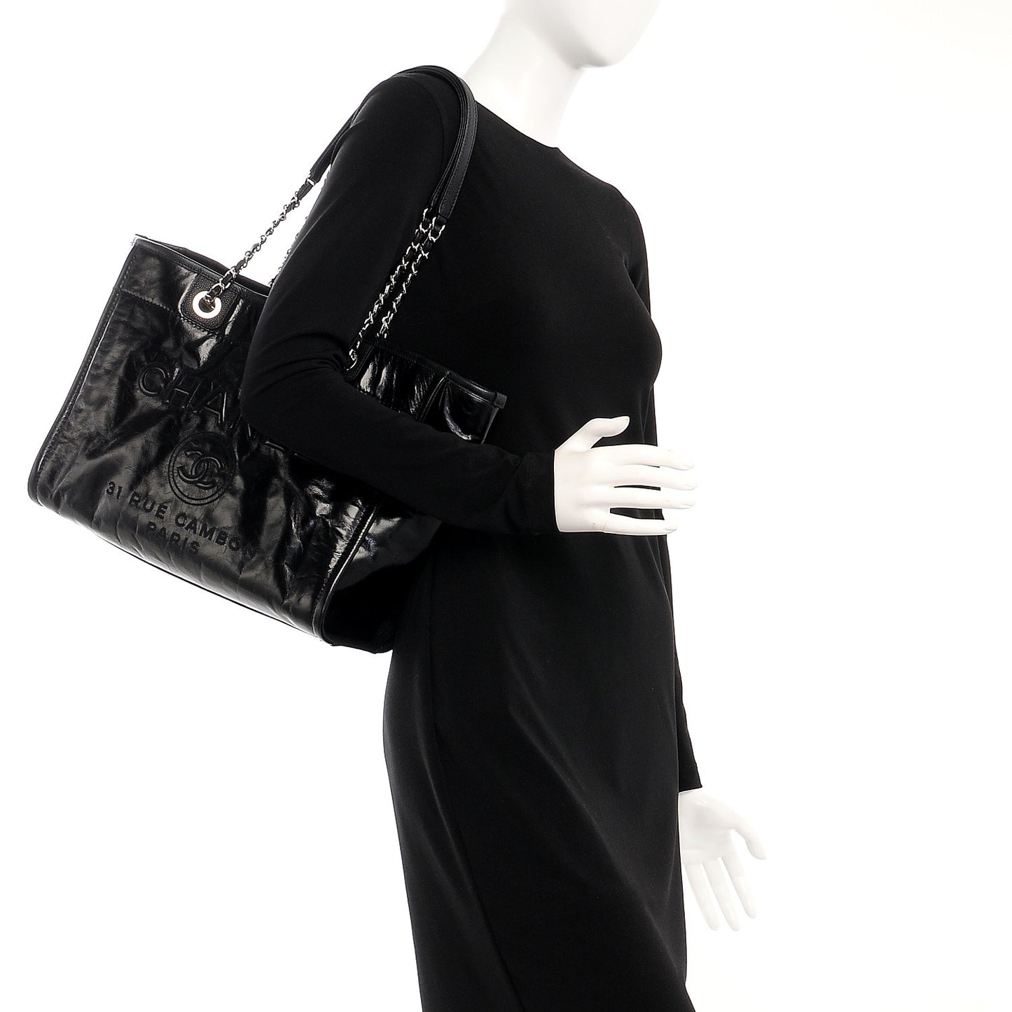 Glazed Calfskin Small Deauville Tote Black