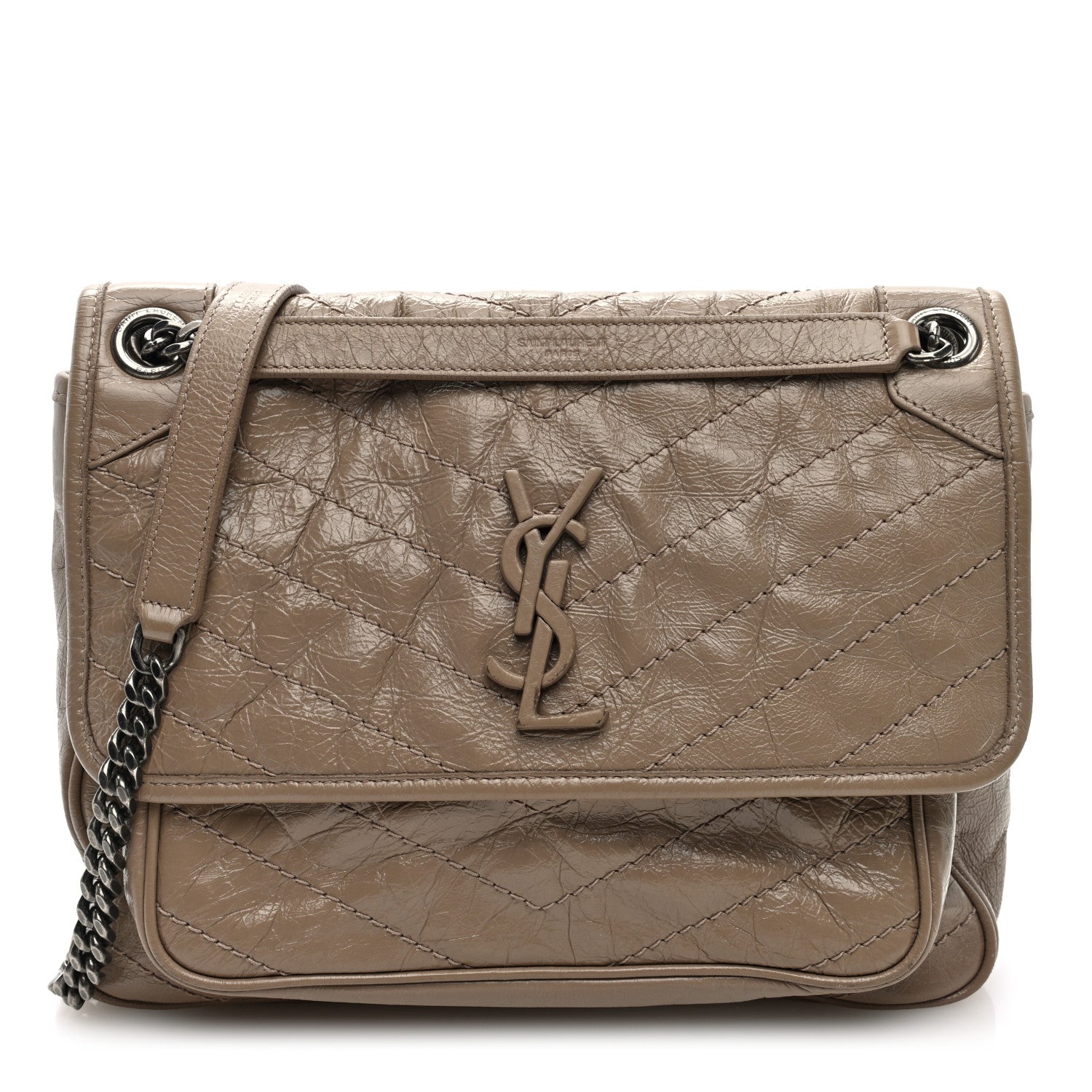 Saint Laurent Crinkled Calfskin Matelasse Monogram Medium Niki Chain Satchel Dusty Grey 1 of 9