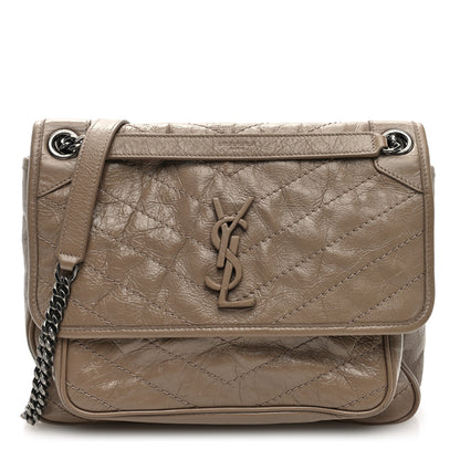 Saint Laurent Crinkled Calfskin Matelasse Monogram Medium Niki Chain Satchel Dusty Grey 1 of 9