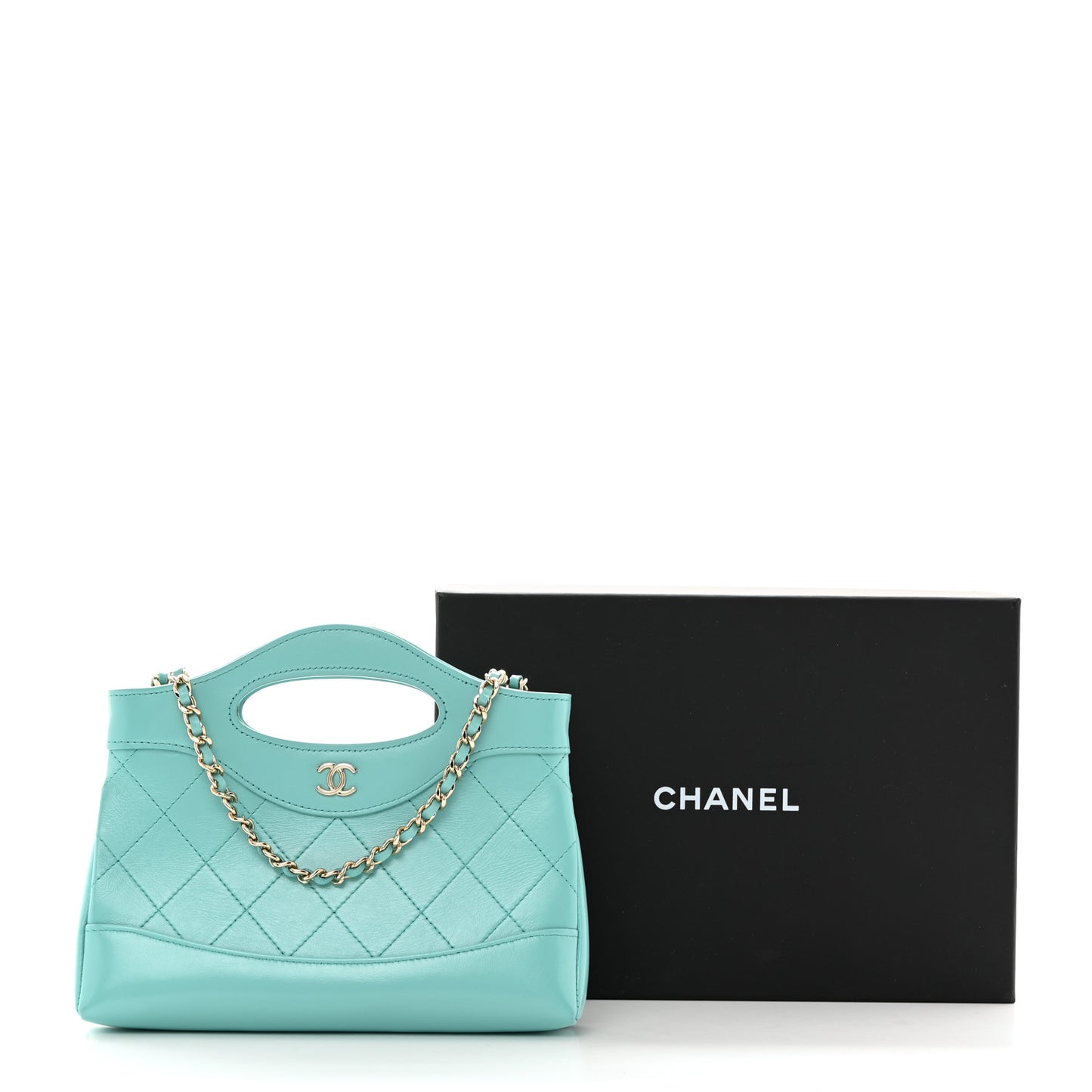 Shiny Crumpled Calfskin Quilted Nano 31 Shopping Bag Turquoise