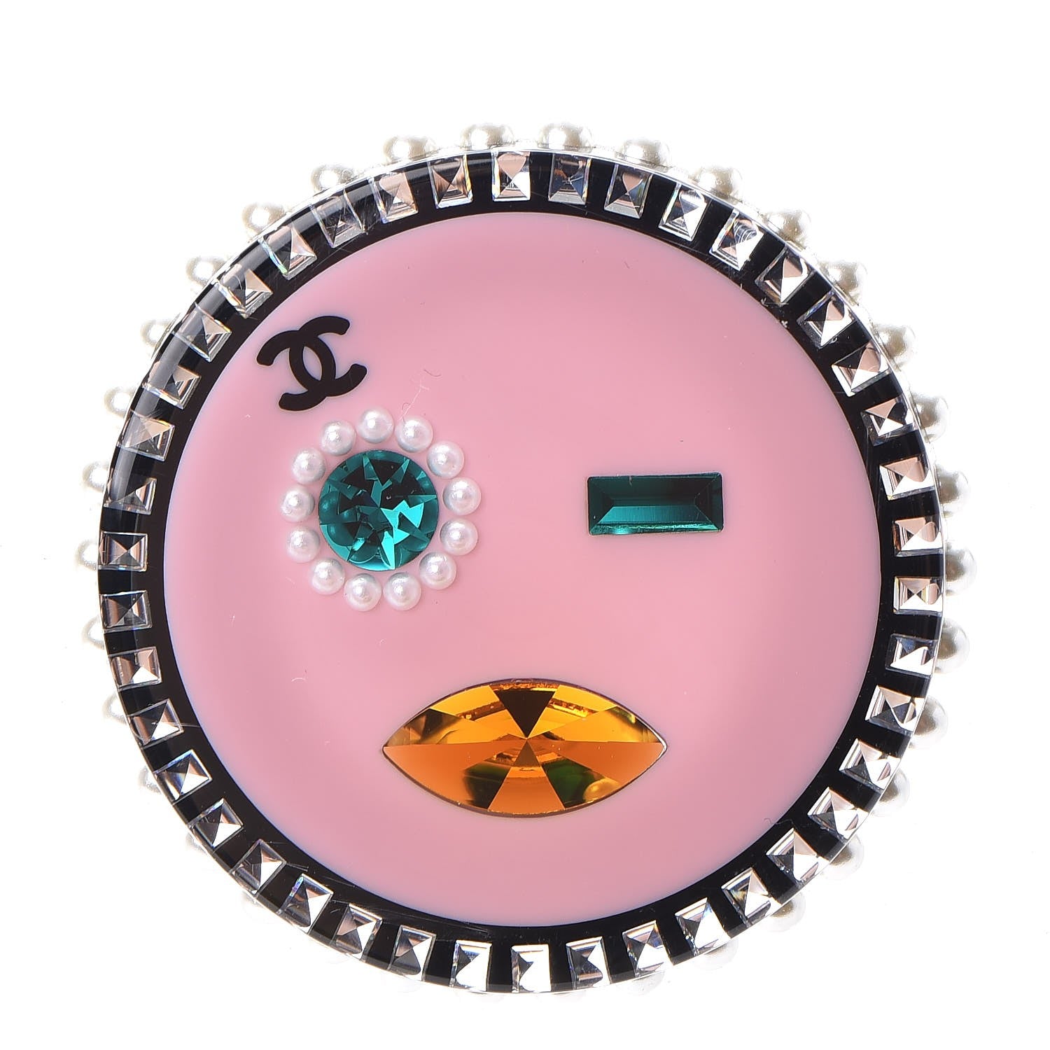 Chanel Metal Resin Pearl Emoji Brooch Silver Pink 1 of 5