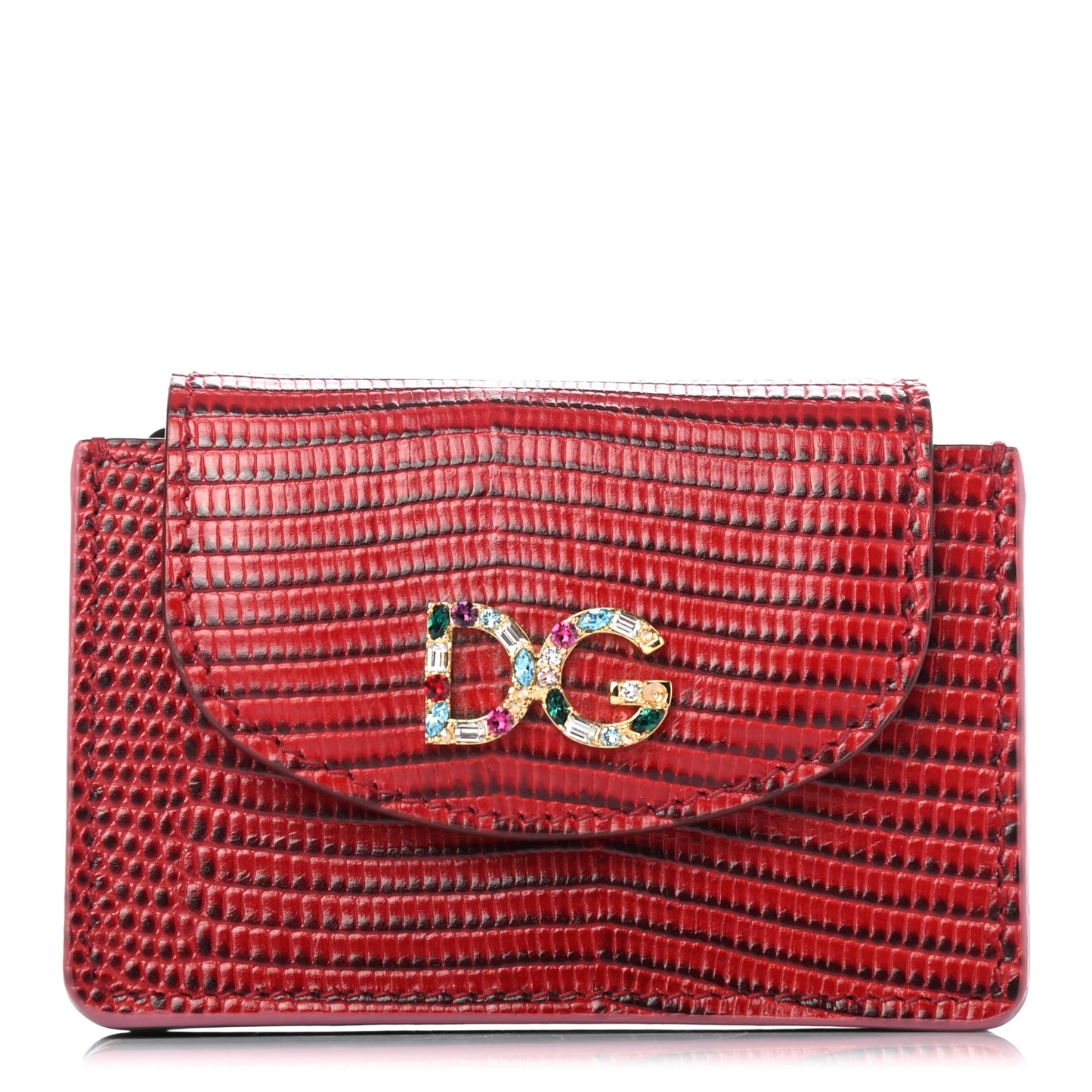Stampa Iguana Calfskin Crystal Card Holder Rosso