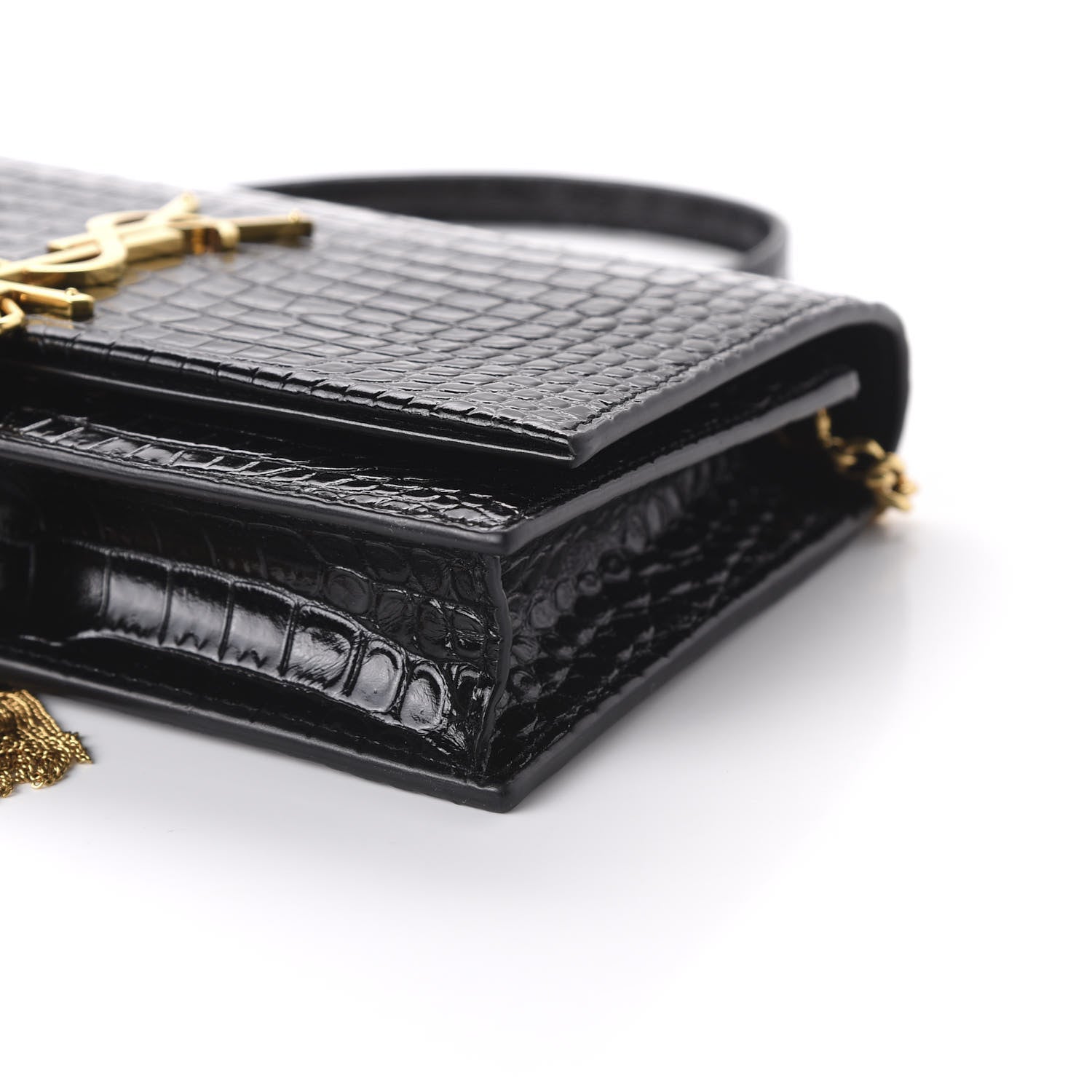 Saint Laurent Calfskin Crocodile Embossed Kate Monogram Tassel Chain Wallet Black 7 of 9