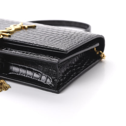 Saint Laurent Calfskin Crocodile Embossed Kate Monogram Tassel Chain Wallet Black 7 of 9