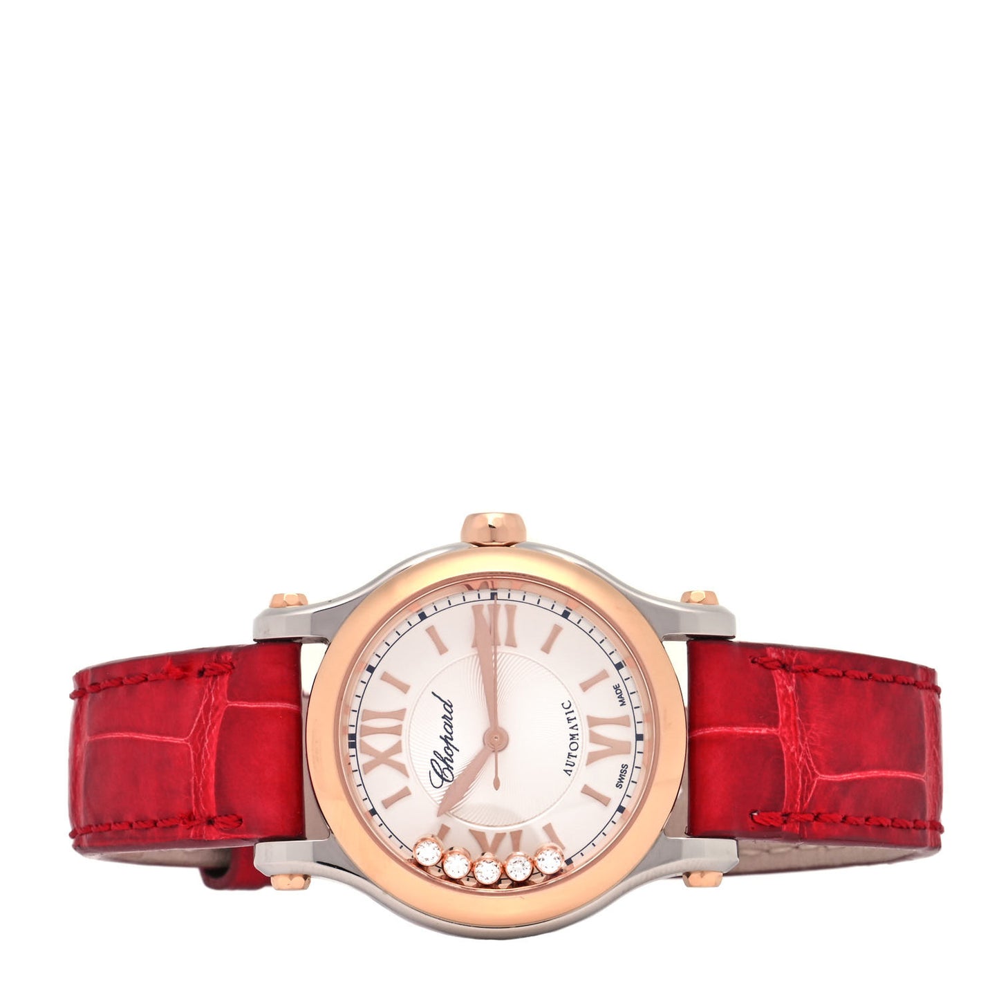 Stainless Steel 18K Rose Gold Alligator 5 Diamond 30mm Happy Sport Automatic Watch Red