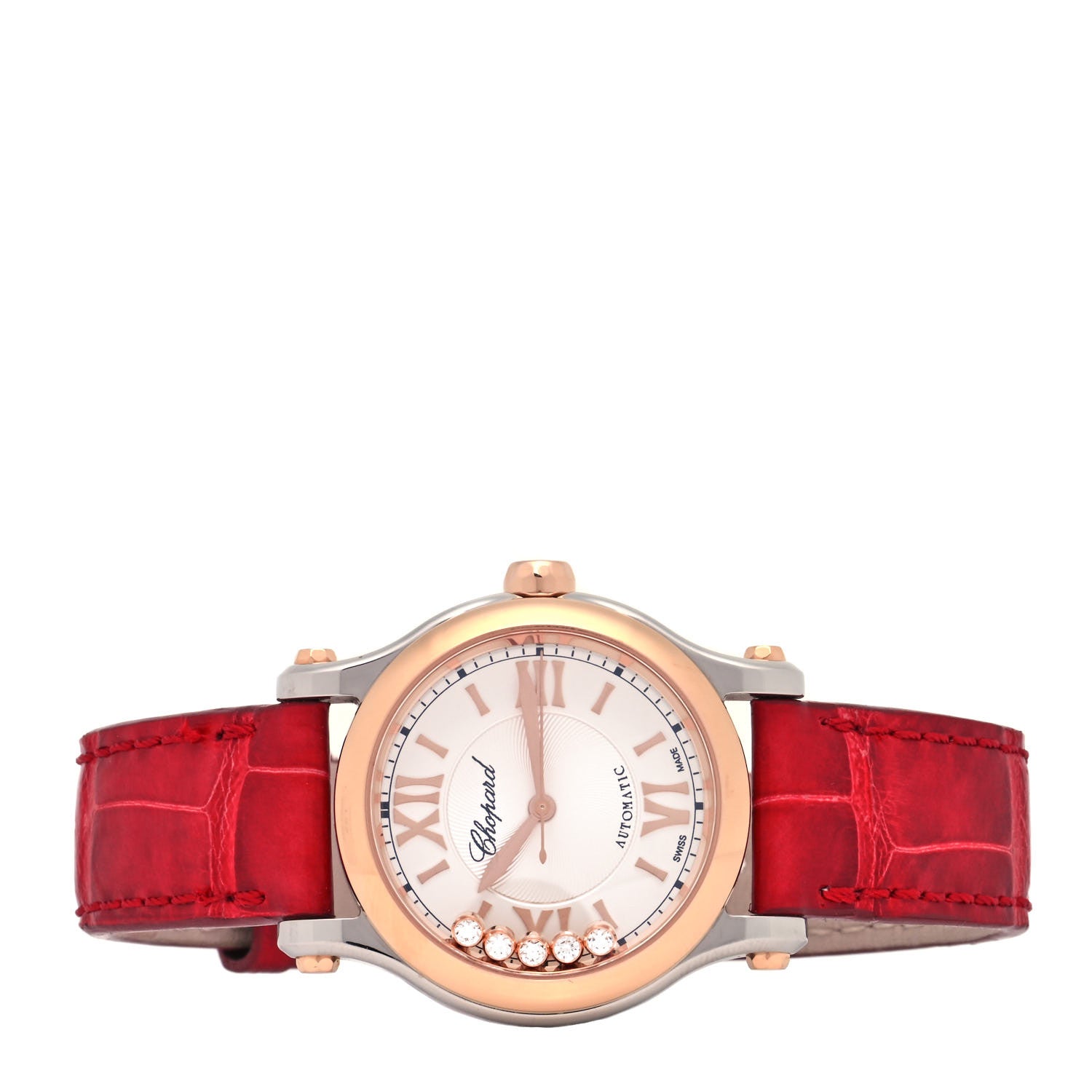 Chopard Stainless Steel 18K Rose Gold Alligator 5 Diamond 30mm Happy Sport Automatic Watch Red 2 of 4