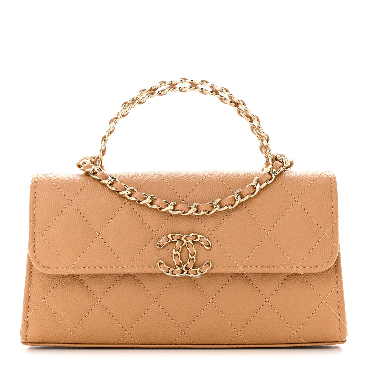 Caviar Quilted Chain Match Top Handle Phone Holder With Chain Beige