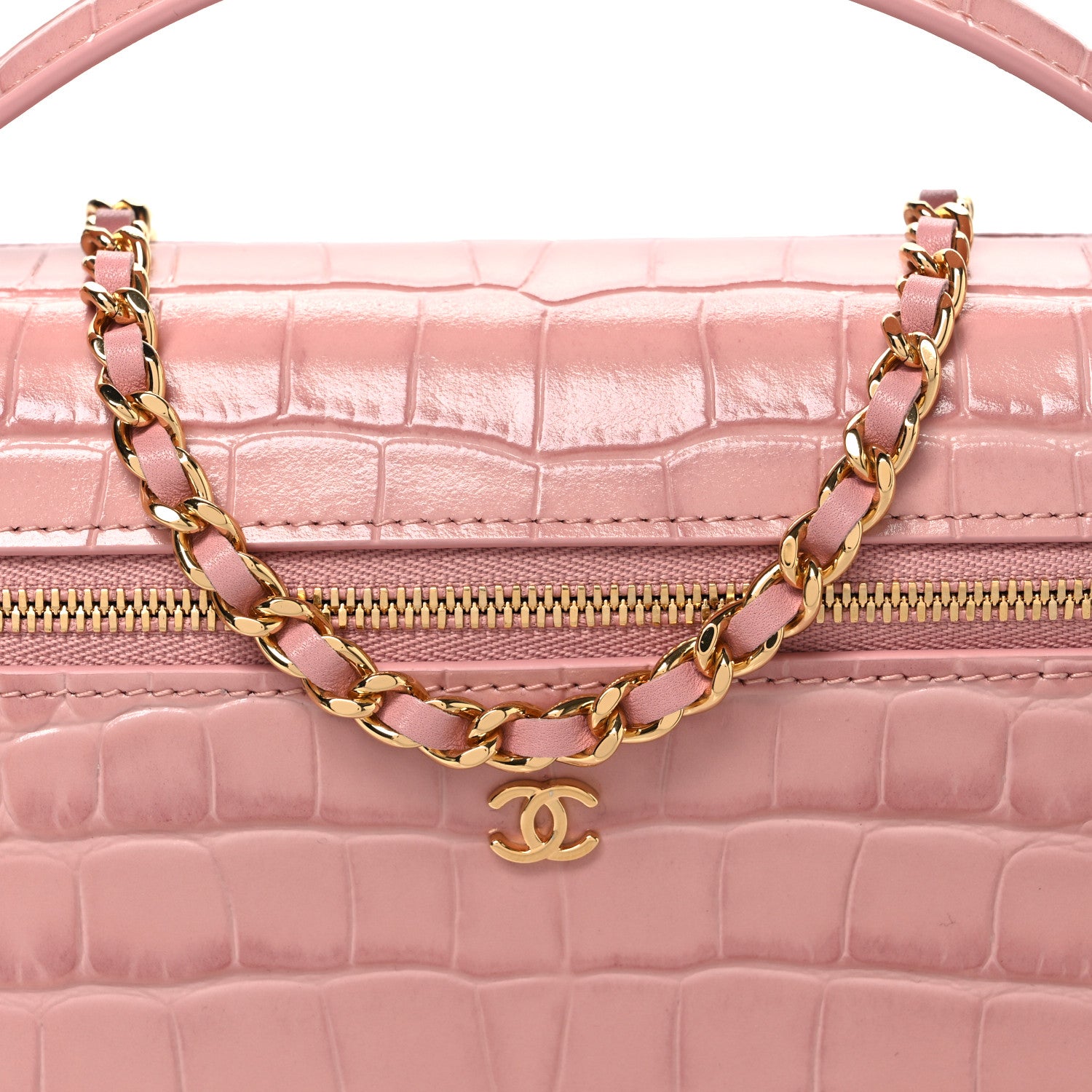 Chanel Calfskin Crocodile Embossed Crococo Top Handle Slim Vanity Case With Chain Pink 8 of 11