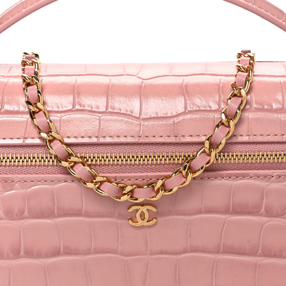 Chanel Calfskin Crocodile Embossed Crococo Top Handle Slim Vanity Case With Chain Pink 8 of 11