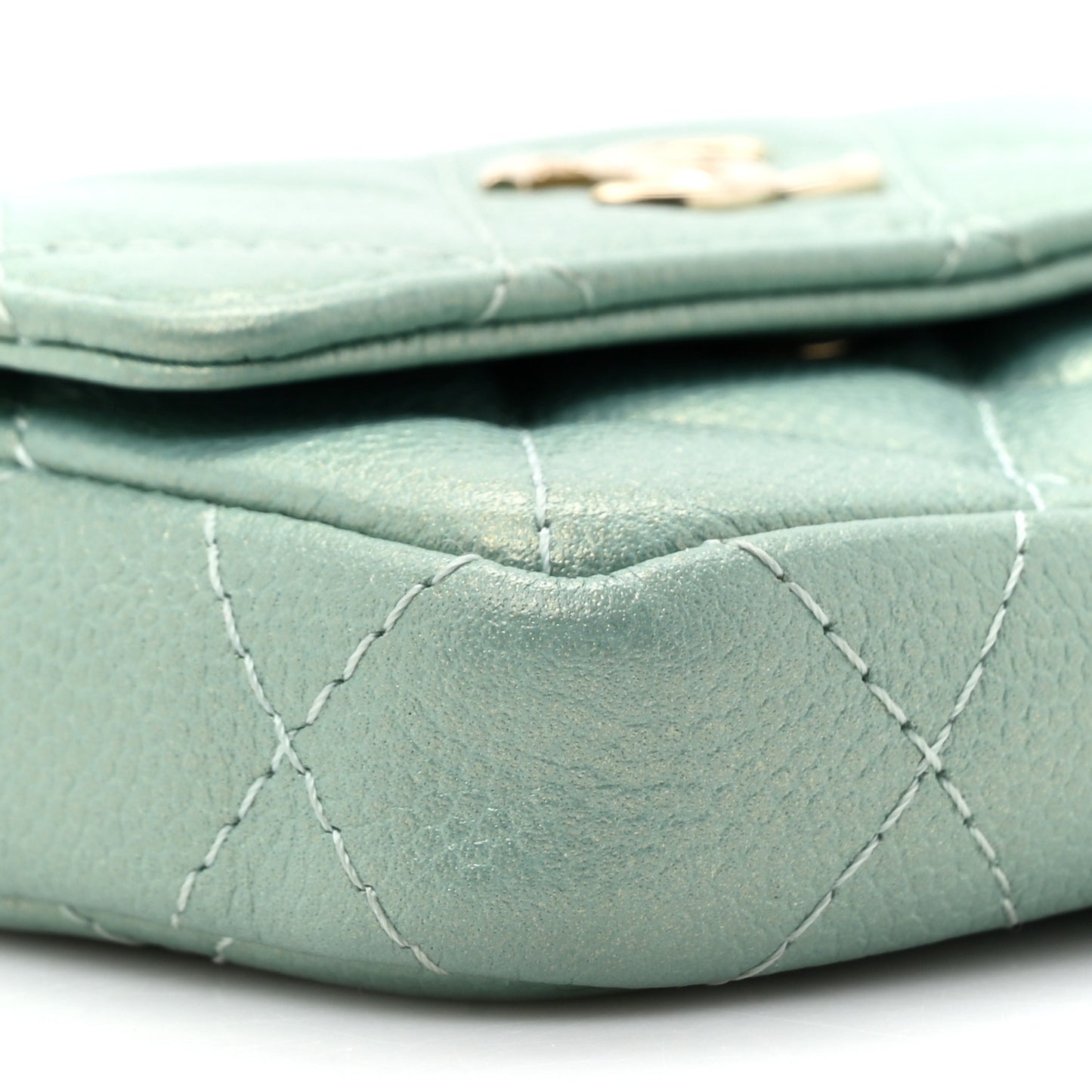 Iridescent Caviar Quilted Pearl On Top Coin Purse With Chain Light Green