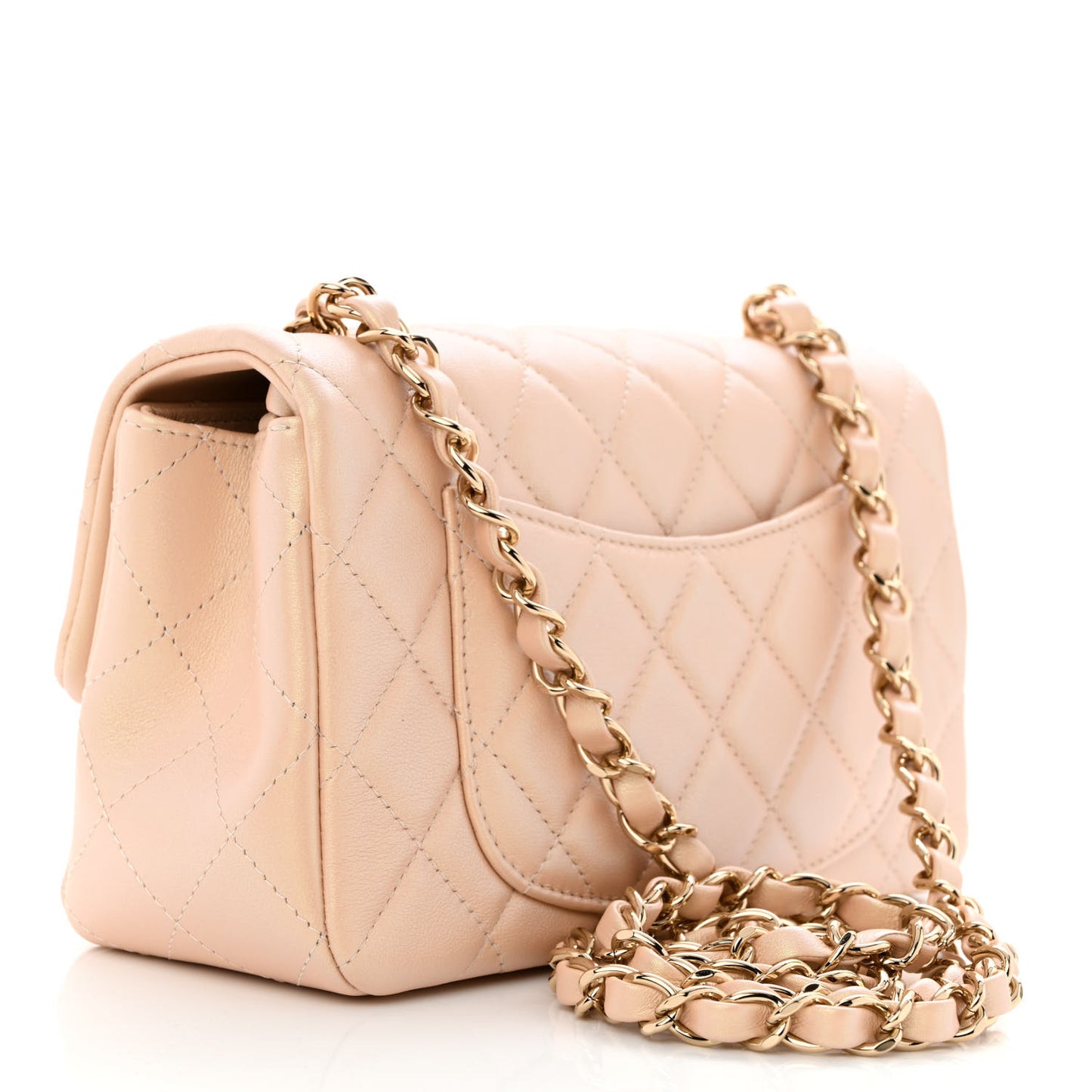 Iridescent Lambskin Quilted Mini Rectangular Flap Beige