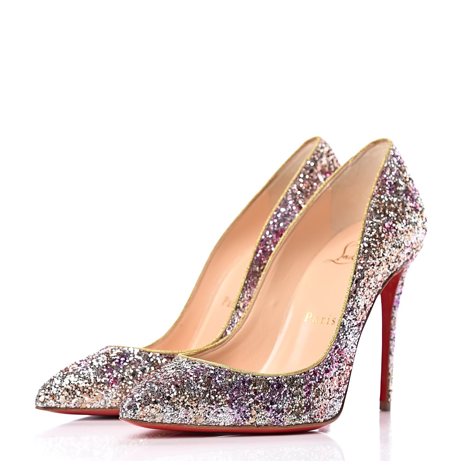 Christian Louboutin Glitter Aqua Ruban Met Pigalle Follies 100 Pumps 35.5 Rosette Gold 3 of 8