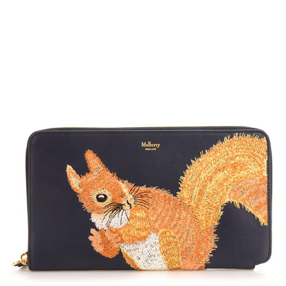 Mulberry Smooth Calf Squirrel Embroidered Zip Around Clutch Wallet Navy 1 of 7