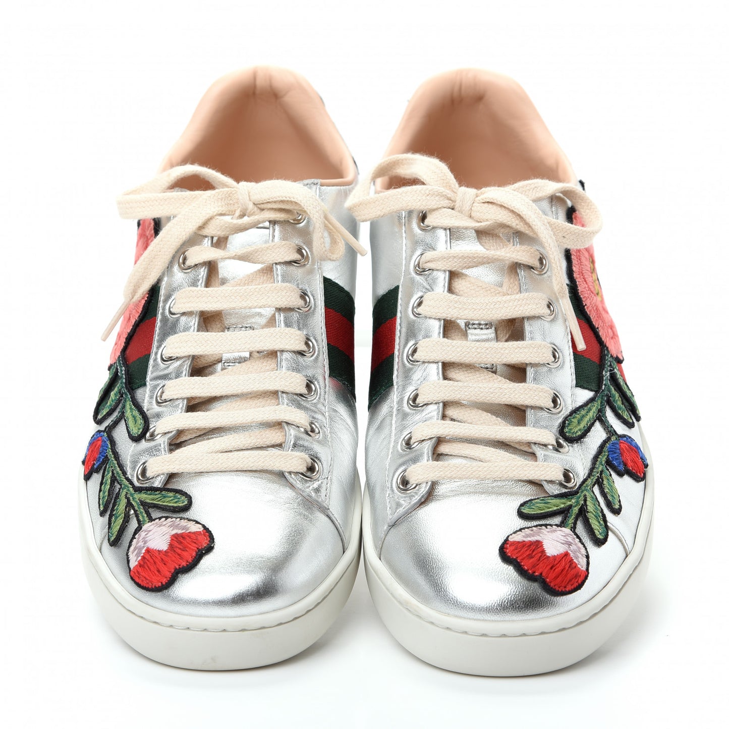 Metallic Calfskin Floral Embroidered Ace Sneakers 39.5 Silver