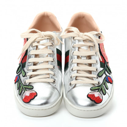 Gucci Metallic Calfskin Floral Embroidered Ace Sneakers 39.5 Silver 5 of 11