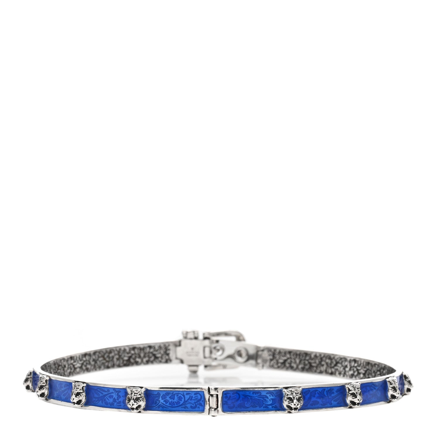 Gucci Sterling Silver Enamel Garden Feline Buckle Choker Necklace Blue 2 of 3