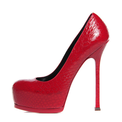 Saint Laurent Calfskin Crocodile Embossed Tribute Two 105 Platform Pumps 36.5 Rouge Orient 1 of 6