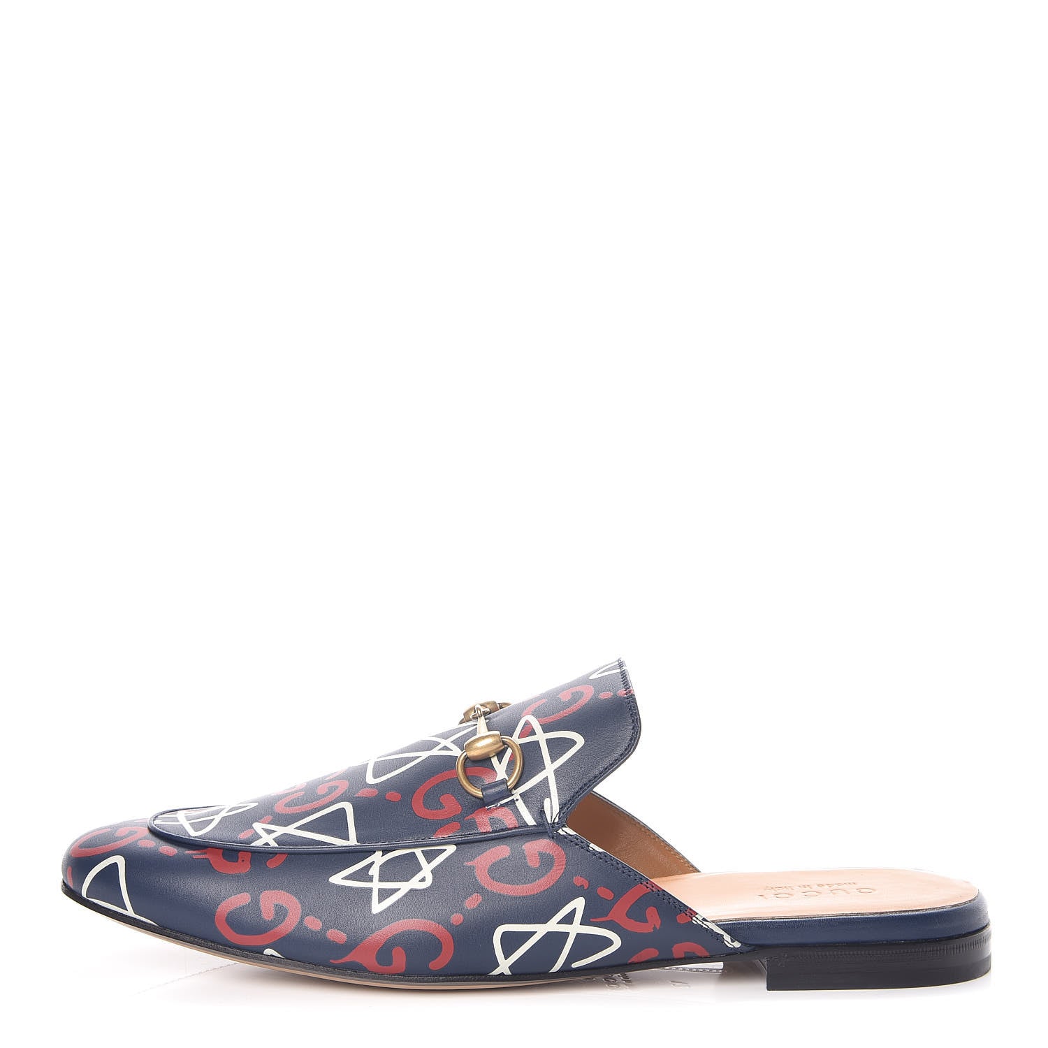 Gucci Calfskin GucciGhost Print Mens Princetown Slippers 12 Blue Agata Hibiscus Red 1 of 8