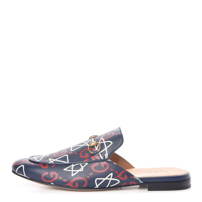 Gucci Calfskin GucciGhost Print Mens Princetown Slippers 12 Blue Agata Hibiscus Red 1 of 8