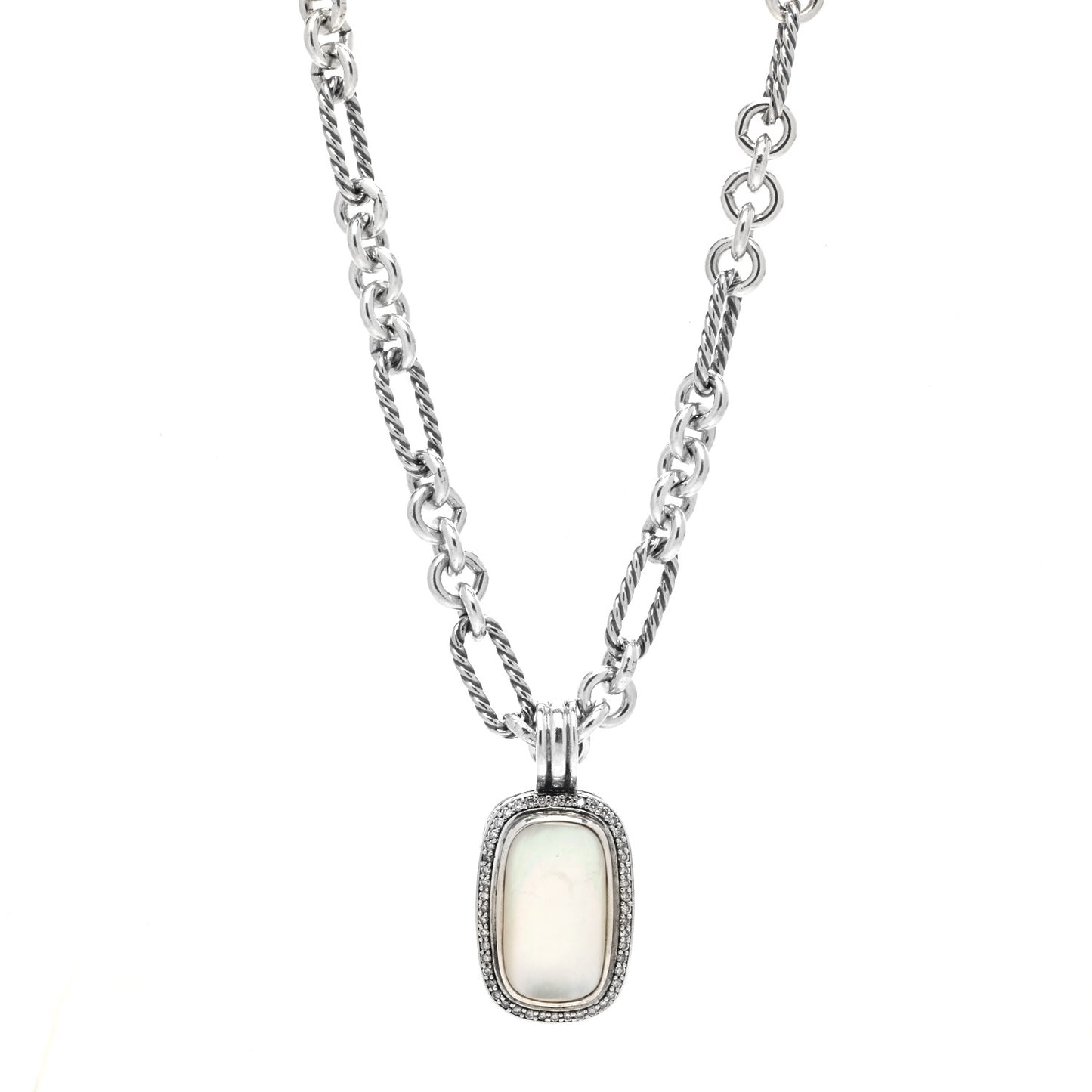 Sterling Silver Diamond Mother of Pearl Enhancer Pendant Figaro Chain Necklace