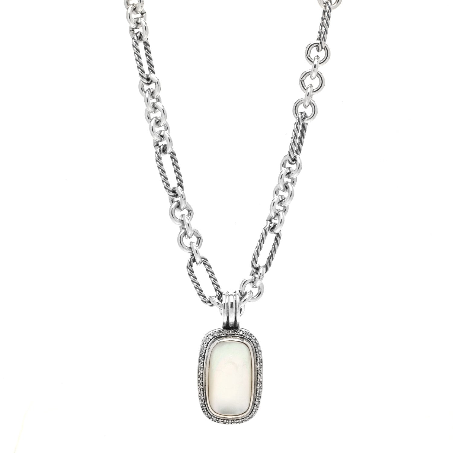 David Yurman Sterling Silver Diamond Mother of Pearl Enhancer Pendant Figaro Chain Necklace 1 of 5