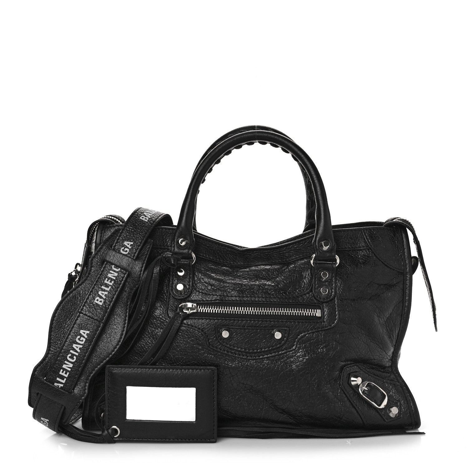 Balenciaga Agneau Classic Silver Hardware S City Logo Strap Black White 1 of 7